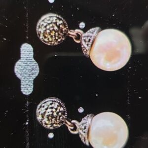 Vintage Judith Jack Sterling Silver Marcasite And Simulated Pearl Drop Earrings.